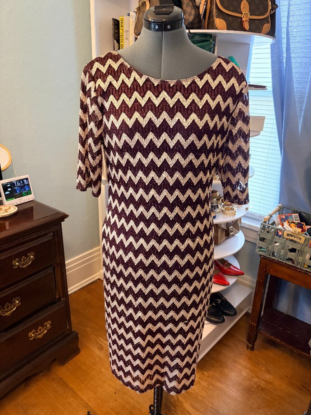Burgundy Gold Chevron Lace Cocktail Dress Wedding Guest Dress Sheath Dress Sz 12